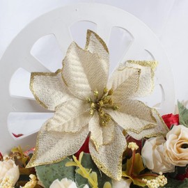 AmaJOY 12pcs Glitter Poinsettia Christmas Tree Ornament Artificial Wedding Christmas Flowers Xmas Tree Wreaths Decor Ornament, 5.5inch, Red and Gold for Choice (Gold)