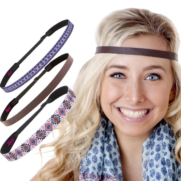 Hipsy Women's Adjustable Cute Fashion Headbands Hairband Multi Pack (3pk Aztec/Brown/Purple Boho Headbands)