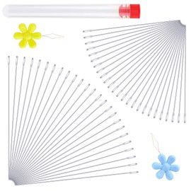 LUNARM 50 Pcs Beading Needles, 2 Sizes Seed Beads Extra Fine Thin Big Eye Beading Needles, Long Straight Needles Hand Sewing Needles with 2Pcs Threaders