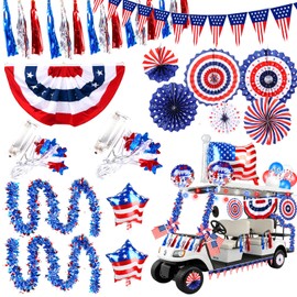 46 PCS 4th of July Golf Cart Decorations, Patriotic Independence Day Decor with Luminous Pentagram Rope, Balloons, Flags, Windmill and Tassel, Used for Outdoor Party, Parade, Yard Decorations