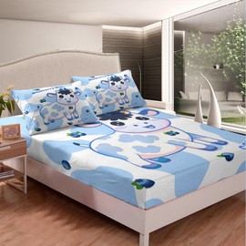 Milk Cow Pattern Bedding Sheet 3D Animals Theme Fitted Sheet for Kids Boys Girls Teens Blueberry Fruit Blue Bed Sheet Set Breathable Cow Pattern Comforter Cover Room Decor Full Size