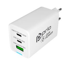 prio GaN Power Wall Charger 65 W PD PPS (USB C) + QC 3.0 (USB A) White
