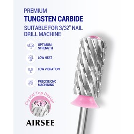 AIRSEE Tungsten Carbide Acrylic Nail Drill Bit Efile Electric File Machine Head Tip for Manicure Polishing Art Remove Gel 3/32" 2 Way Beginner Safety Pink Crystal Top Barrel 3X Coarse-3XC