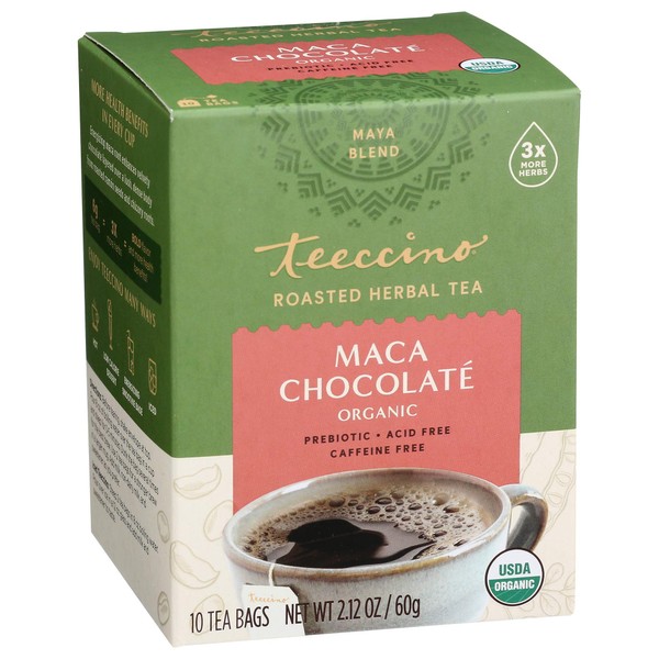 Teeccino Herbal Tea – Maca Chocolaté – Rich & Roasted Herbal Tea That’s Caffeine Free & Prebiotic with Natural Energy from Adaptogenic Peruvian Maca, 10 Tea Bags