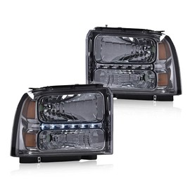 G-PLUS LED Point Style Headlights Assembly,Compatible with Ford F250 F350 F450 F550 Super Duty 2005 2006 2007,Headlamps DRL BAR Smoky Lens Chrome Housing Amber Reflector,faros delanteros