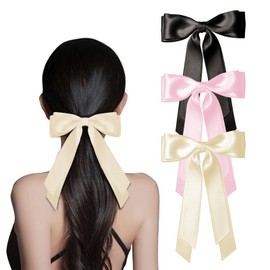 Hair Bows Clips 3PCS Ribbon Bowknot Clips Barrettes With Long Tails for Women and Girls Big Double-Layer Hair Bow clip(Black,Beige,Pink)