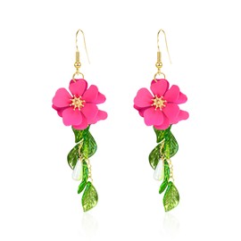 Peasimy Flower Tassel Dangle Earrings for Women Cute Green Leaf Sakura Pearl Earrings Fairy Statement Summer Refreshing Seaside Idyllic Holiday Earrings (Hot Pink)