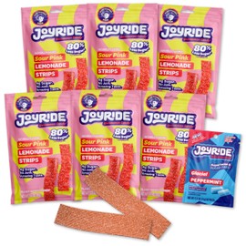 JOYRIDE Pink Lemonade Sour Strips - 3.5 oz 6-Pack Bundle with 2.5oz Glacial Peppermint Gum, Low Sugar, Sour Belt Candy, Dye Free, Low Calorie Snacks, Healthy Candy (7 Items)