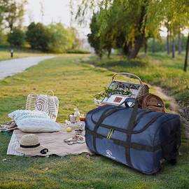REDCAMP 120L Foldable Duffle Bag with Wheels, 1680D Oxford Collapsible Large Rolling Duffel Bag, Navy Blue