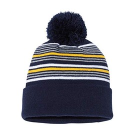 Sportsman - 12" Striped Pom-Pom Knit Beanie - SP60 - One Size - Navy/White/Grey/Gold