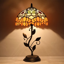 AVIVADIRECT Tiffany Lamp Orange Flower Stained Glass Table Lamp Desk Bedside Reading Light 12X12X19 Inches with Metal Leaf Base Decor Bedroom Living Room