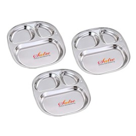 Satre Online and Marketing Stainless Steel Oval Shape 3 Compartment Lunch/Dinner Plate Set 3, Steel Thali, Lunch/Dinner Plate Set, Thali Set 3 (3 Pcs)