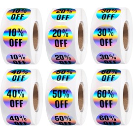 6 Rolls/3000 Pieces Percent Off Sticker 10 to 60 Percent Stickers Labels Adhesive Labels Sale for Retail Store, 7/8 Inch Circle Price Marker Tag(Bright Style)