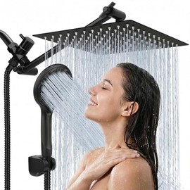 Cabezal de ducha, 8 pulgadas de alta presión, lluvia y ducha de mano con brazo de extensión de 11 pulgadas, 9 ajustes, cabezal de ducha antifugas con soporte, altura / ángulo ajustable, cromo, negro mate