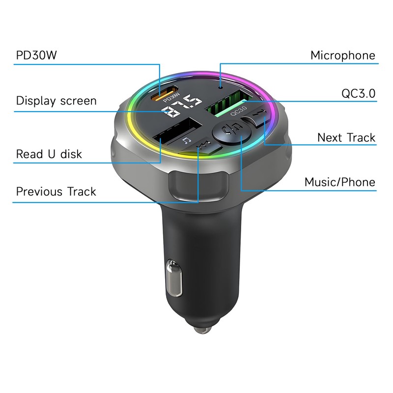 QUMOX Bluetooth 5.3 FM Transmitter Car Charger, PD 30W +