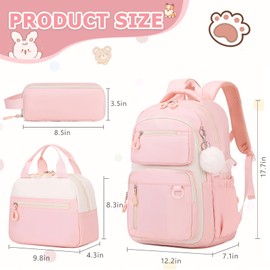Bevalsa Backpack for Gilrs, School Bags for Kids with Lunch Bag & Pen Case, Bookbag for Girls Children Teens for Elementary Middle High school College Student with Cute Pins (Beige Pink)