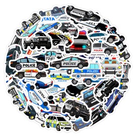 Pack of 50 Police Cars Stickers Pack Police Cars Sticker Set Waterproof Vinyl Stickers for Laptop Children Cars Motorcycle Bicycle Skateboard Luggage Suitcase Computer Sticker Graffiti Decal
