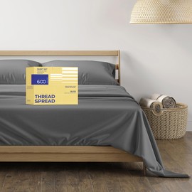 THREAD SPREAD 100% Egyptian Cotton Sheets California King Size - 600 Thread Count 4 PC Luxury Sheets Cal King Size, Soft, Cooling Hotel Luxury Sheets & Pillowcases, Fits Mattress Upto 18" - Dark Grey