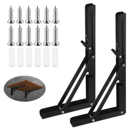 Swpeet 2 Pack 12" Folding Shelf Bracket, Heavy Duty DIY Wall Mounted Shelf Bracket Max Load 440 lb, Stainless Steel Decorative L Bracket Kit Contains 16/19MM Screw, Anchors for Table Work Bench, Black