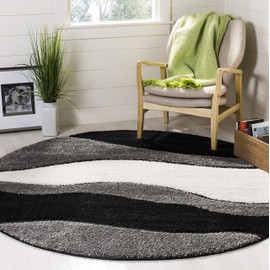 SAFAVIEH Florida Shag Collection 5' Round Grey/Black SG475 Abstract Non-Shedding Living Room Bedroom Dining Room Entryway Plush 1.2-inch Thick Area Rug