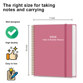 2026 Daily & Monthly Planner Calendar - Full Page a Day, Daily Planner Calendar from Jan 2026 to Dec 2026, Flexible Cover, 7''x10'', Inner Pocket, Pink
