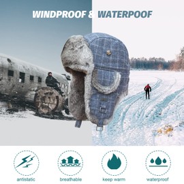 Fur Winter Trapper Hat,100% Rabbit Fur Aviator Ski Trapper Trooper Pilot Hat,Snow Eskimo Hat with Ear Flaps for Men & Women