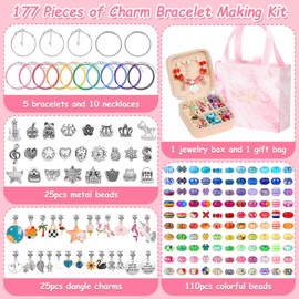 Thrilez 177Pcs Jewelry Making Kit, Charm Bracelet Making Kit, DIY Arts and Crafts Gifts with Jewelry Organizer Box for Birthday, Christmas, Necklace Making Set
