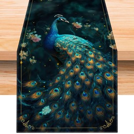 Jiudungs Linen Purple Peacock Table Runner 72 Inches Long Peacock Decor Indian Peacock Christmas Xmas Holiday Winter Home Kitchen Table Decorations