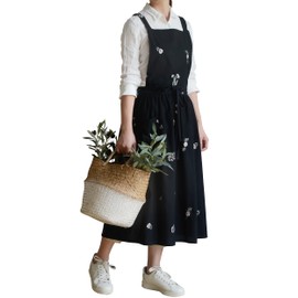 FADUOFA Japanese Cotton Linen Cross Back Apron for Women with Pockets,Fashion Pinafore Dress with Waist Ties