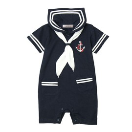 stylesilove.com Baby Boy Marine Sailor Cotton Romper Onesie with Hat and Necktie 3pcs Holiday Outfit (Navy Blue - Short Sleeve, 90/12-18 Months)