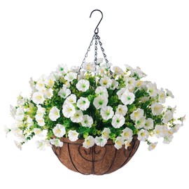 Ivydale Artificial Fake Hanging Flowers Plants Baskets for Outdoor Spring Summer Decoration, Faux Silk White Morning Glory Look Real UV Resistant for Outside Porch Patio Balcony Yard Front Door Garden