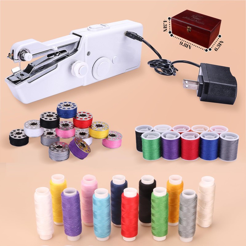 Handheld Sewing Machine, with Elegant Wooden Sewing Box and 153-Piece