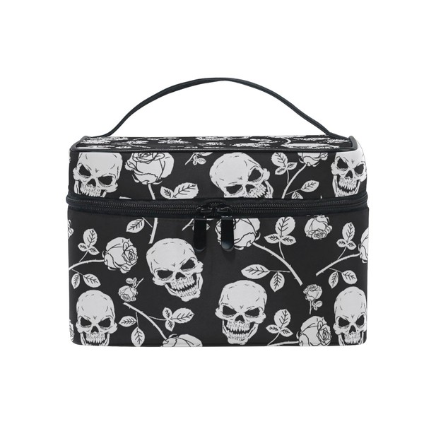 Makeup Bag, Skull with Rose Print Cosmetic Toiletry Storage Organiser Case Large Travel Handle Personalised Pouch with Compartments for Teenage Girls Women Lady Black White