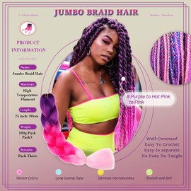 Ombre Braiding Hair 24 Inch Synthetic Hair Extensions for Braiding 3Pack/Lot Pre Stretched High Temperature Crochet Braiding Hair (#C25 Purple to Pink)