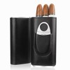 Three-Finger Portable Cigar Humidor Leather Case with Silver Cigar Cutter(Black)