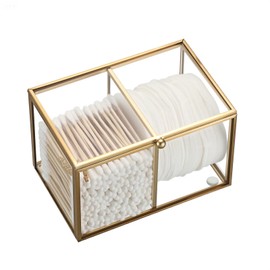 SUMTree Contenitore per batuffolo di cotone, in vetro, per toeletta, organizzatore a 2 scomparti, per bagno, soggiorno, contenitore decorativo in vetro con coperchio per cosmetici, gioielli (oro)