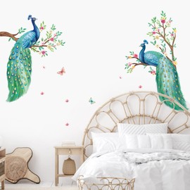 decalmile Peacock Wall Decals Flowers Tree Branch Wall Stickers Bedroom Living Room Sofa TV Background Wall Decor