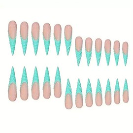 RUOKEXIN Long Stiletto Press on Nails French Tip Fake Nails Blue False Nails with Designs Extra Long Nail Press ons Sparkly Artificial Nails Cute Stick on Nails for Women 24Pcs