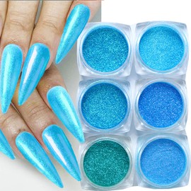 6 Jars Holographic Nail Art Glitter Powder, Mirror Effect Metallic Pigment Chameleon Aurora Mermaid Chrome Powder, High Gloss Nail Jewelry Glitter Powder for Nail Art Decoration DIY Manicure, 6 Colors