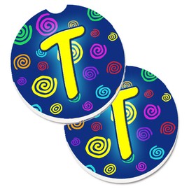 Caroline's Treasures Letter T Initial Monogram - Blue Swirls Set of 2 Cup Holder Car Coasters , 2.56, Multicolor