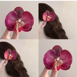 Xduargs Boho Large Flower Hairclips Vintage Orchid Flower Hair Barrette Weddings Flower Hair Clips Barrette Hawaiian Big Flower Floral Hair Pins Butterfly Orchid Hair Pin Clips Decorative(Red)