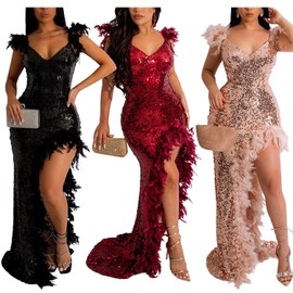 Women's Feather Spaghetti Strap Prom Dresses Sequin Mermaid V Neck Long Slit Sparkly Party Dress L Wine Red