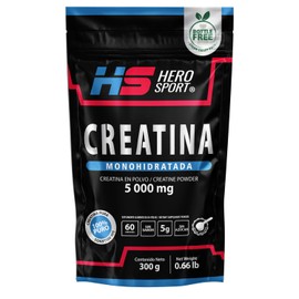 HEROSPORTS | Creatina Monohidratada de Alta Pureza 300g en Polvo. 5g de Creatina por Porción, 100% Pura, 100% Natural, 0 Azúcar, Sin Sabor, Sin Olor, Bottle Free, Incluye Cuchara Medidora.