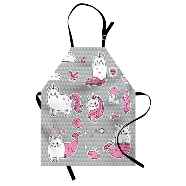 Ambesonne Unicorn Cat Apron, Cat Unicorn and Mermaid Fishes Bubbles