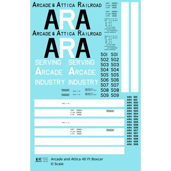 K4 O Scale Decals Arcade and Attica 40 Ft Boxcar