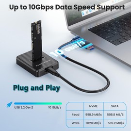 SHUBEIEUMI M.2 NVMe Enclosure, 10 Gbps M.2 NVMe SSD Hard Drive Base, USB 3.1 M2 SATA Case, Docking Station for M Key M+B Key in 2230/2242/2260/2280, Compatible with Windows, Linux and Mac, Black