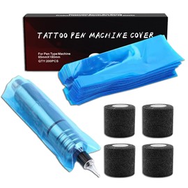 PEPAX Large Tattoo Pen Bags with Tattoo Grip Tape, 200 Pieces 6.5 x 18 cm Tattoo Machine Covers and 4 Pieces Tattoo Grip Wrap Tattoo Pen Covers Tattoo Pen Cases Tattoo Accessories, blue