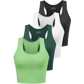 Joviren Cotton Workout Crop Tank Top for Women Racerback Yoga Tank Tops Athletic Sports Shirts Exercise Undershirts 4 Pack Black/White/Dark Green/Avocado Green M