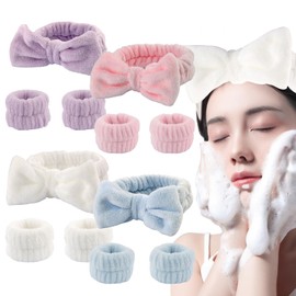 JWTRSVTY Spa Face Cosmetic Headband Wrist Wash Bands Set, 4 Sets Spa Bowknot Hair Bands with 4 Pairs Wrist Wash Band, Hair Band with Bow, for Girls Washing Face & Make-Up