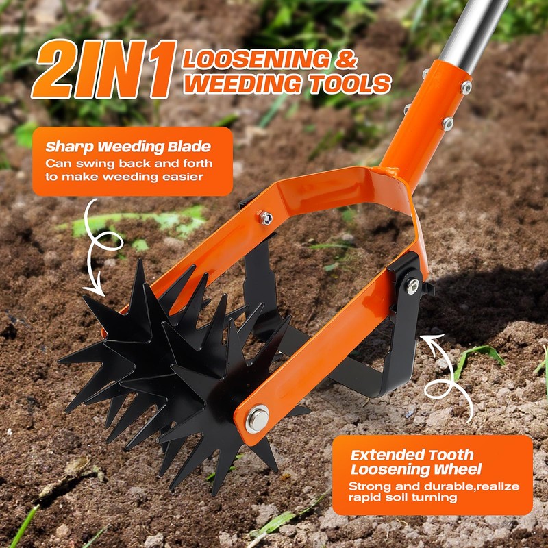 72 Inch Rotary Cultivator Tool, Hand Tiller for Gardening, 2-in-1